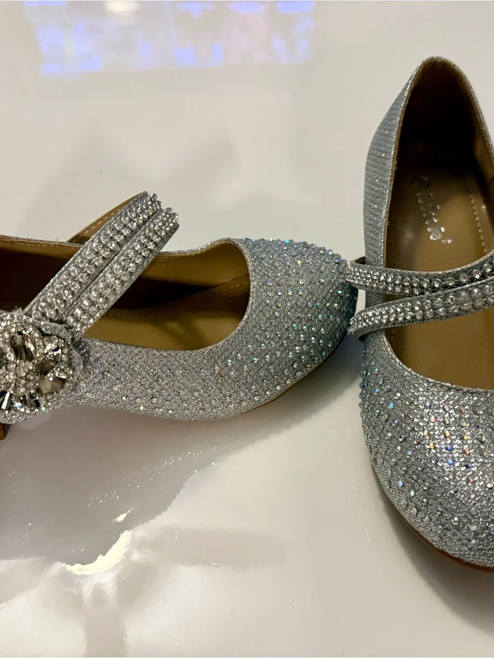 Link Girls Silver Glitter Mary Jane Dress Shoes with Rhinestone Flower